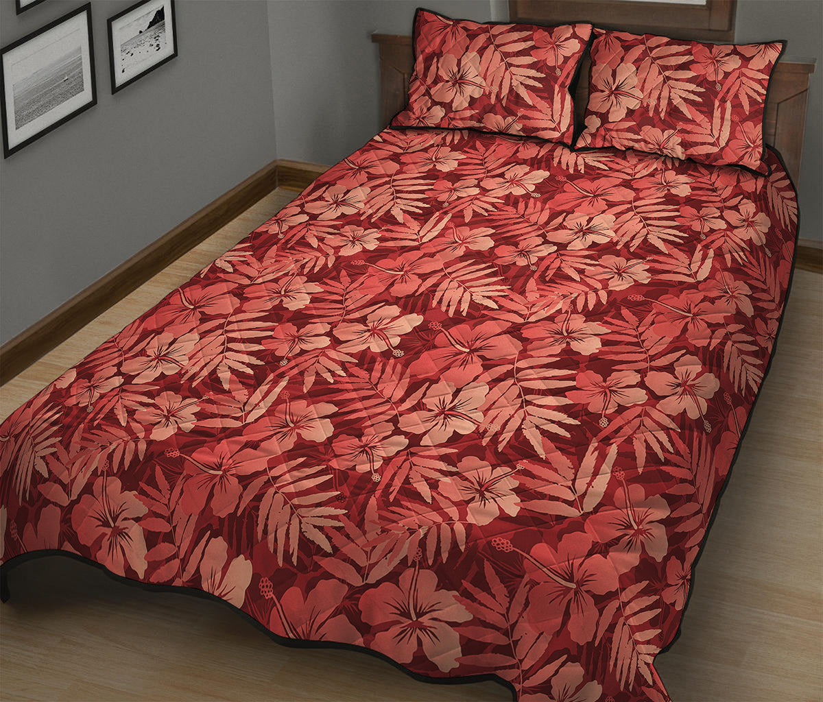 Red Hawaiian Tropical Pattern Print Quilt Bed Set