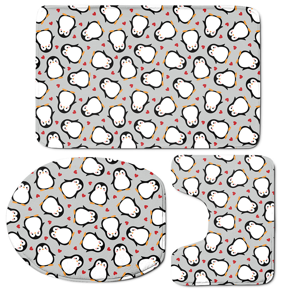 Red Heart And Penguin Pattern Print 3 Piece Bath Mat Set
