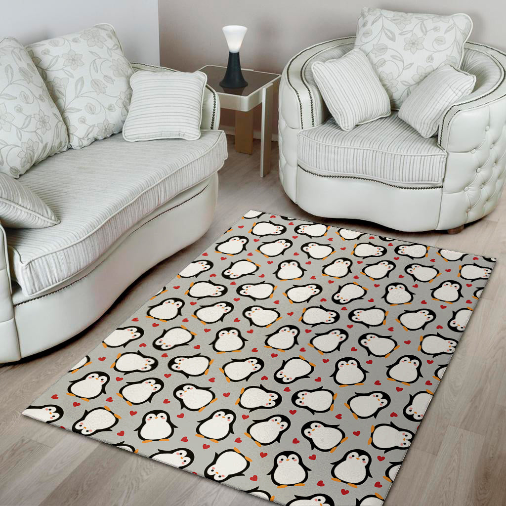 Red Heart And Penguin Pattern Print Area Rug