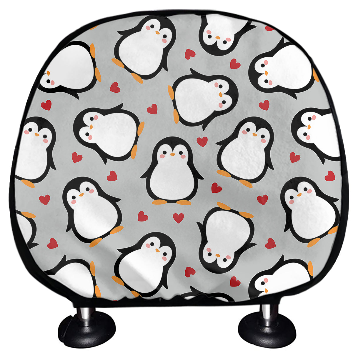 Red Heart And Penguin Pattern Print Car Headrest Covers