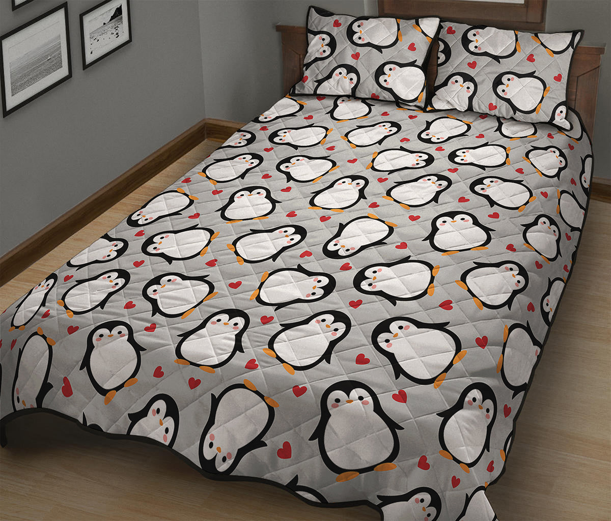 Red Heart And Penguin Pattern Print Quilt Bed Set