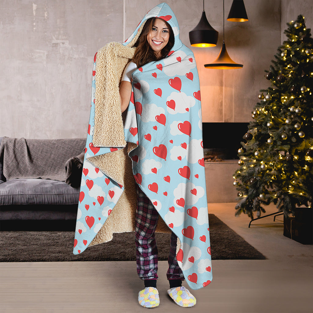 Red Heart Balloon Pattern Print Hooded Blanket
