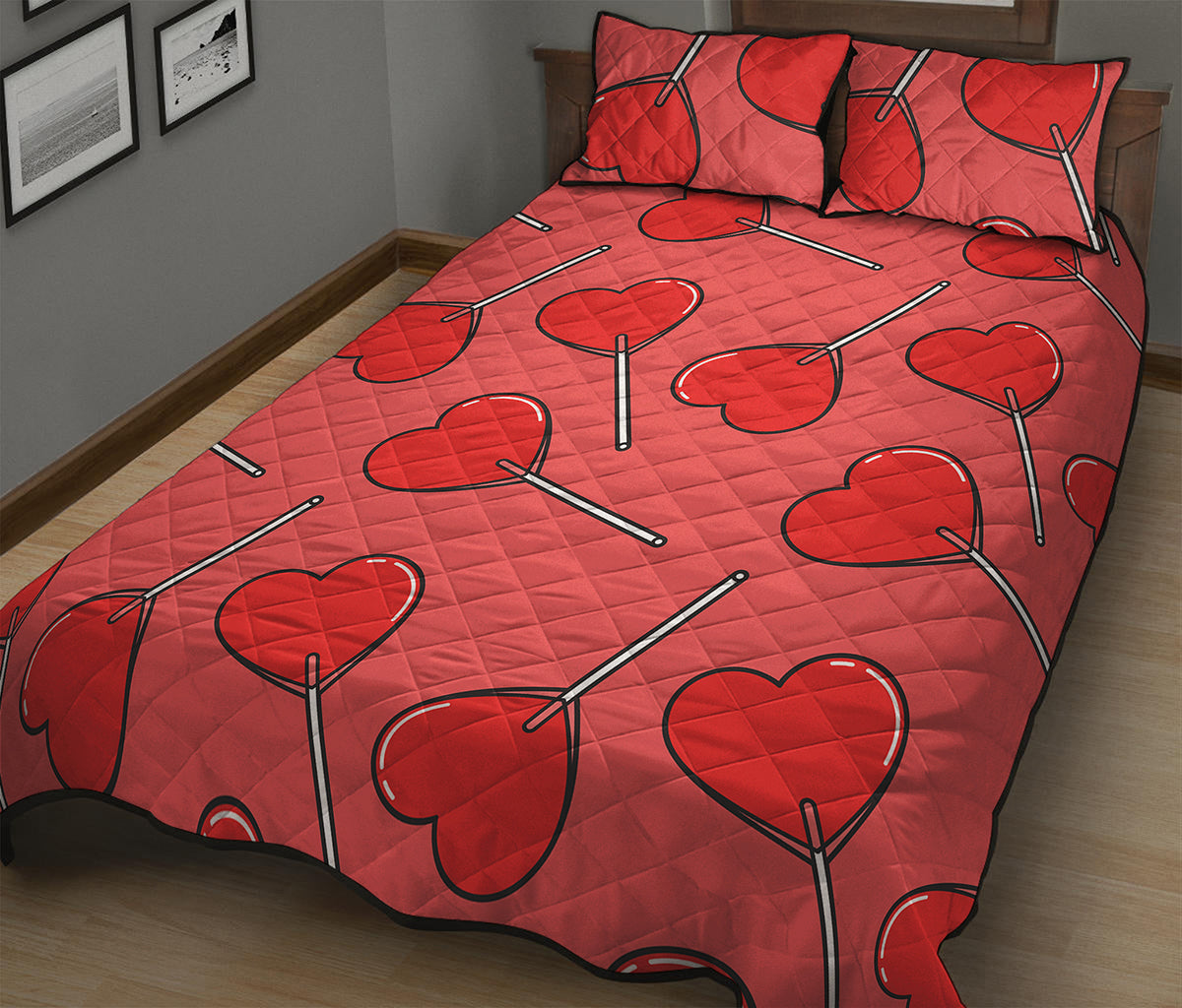 Red Heart Lollipop Pattern Print Quilt Bed Set