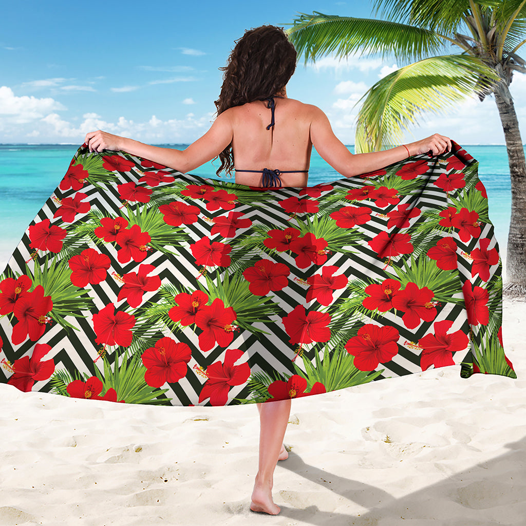 Red Hibiscus Chevron Pattern Print Beach Sarong Wrap