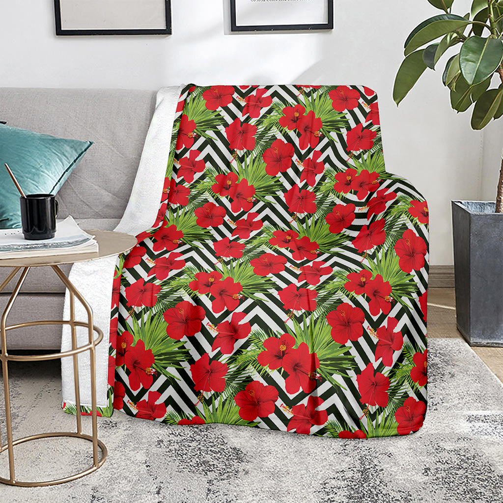 Red Hibiscus Chevron Pattern Print Blanket