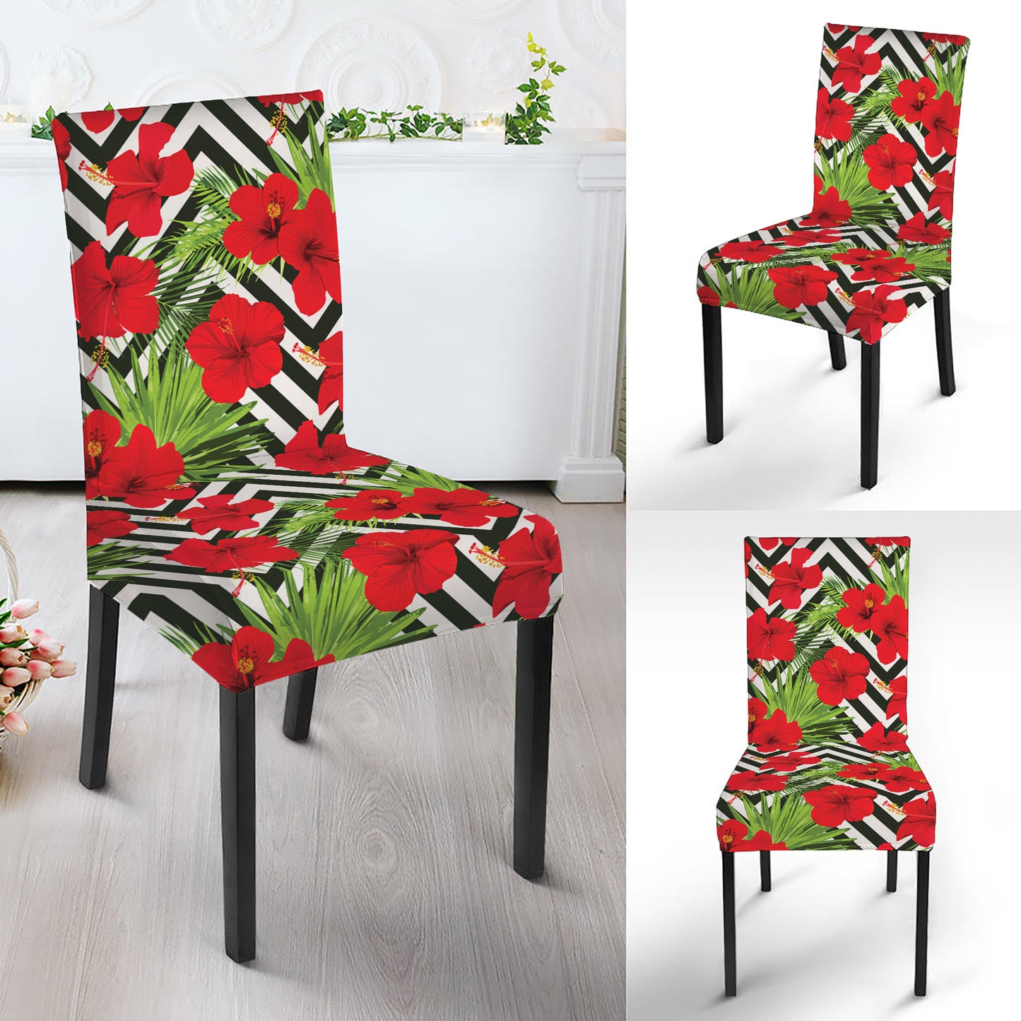 Red Hibiscus Chevron Pattern Print Dining Chair Slipcover