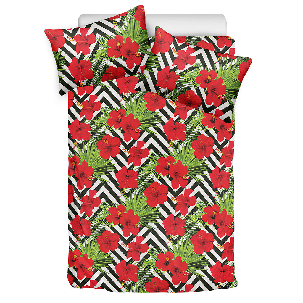 Red Hibiscus Chevron Pattern Print Duvet Cover Bedding Set