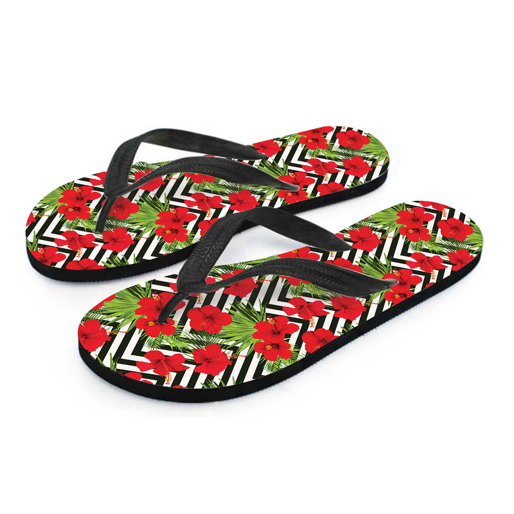 Red Hibiscus Chevron Pattern Print Flip Flops