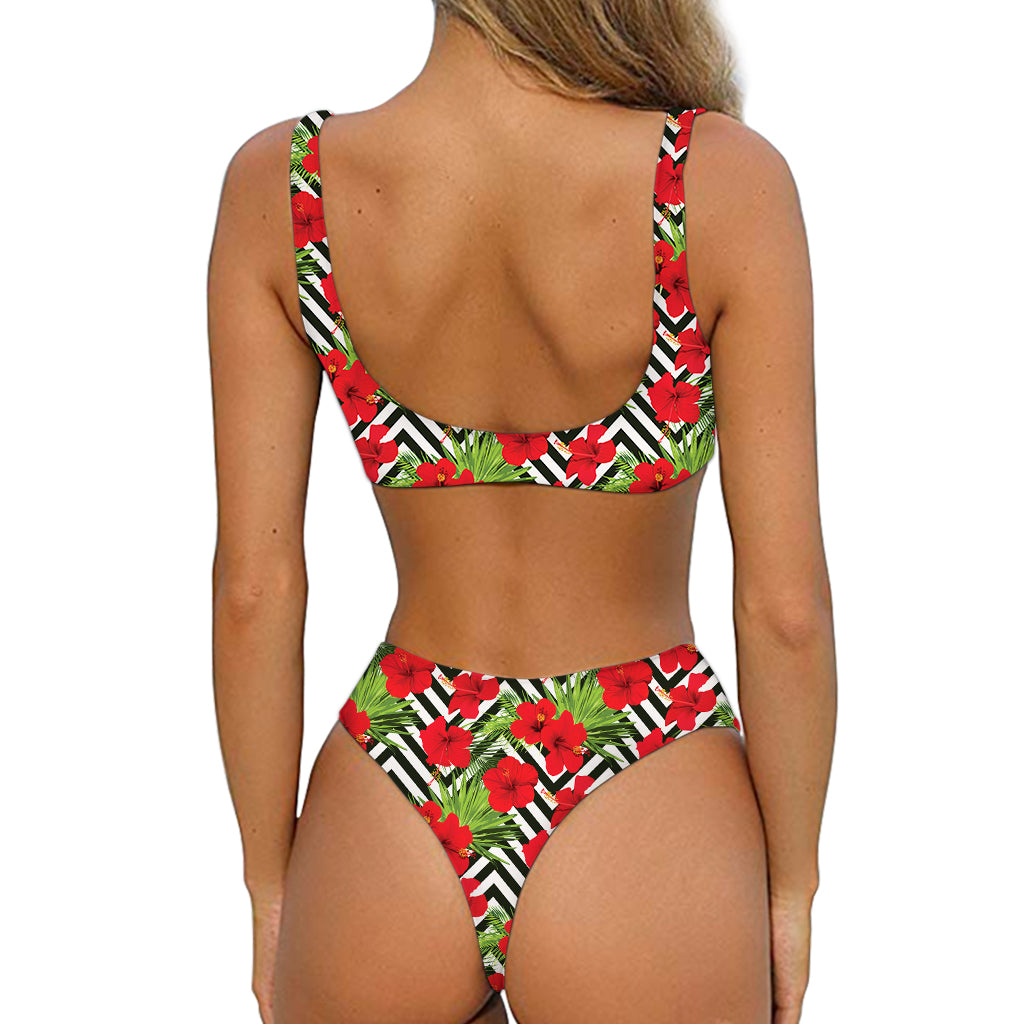 Red Hibiscus Chevron Pattern Print Front Bow Tie Bikini