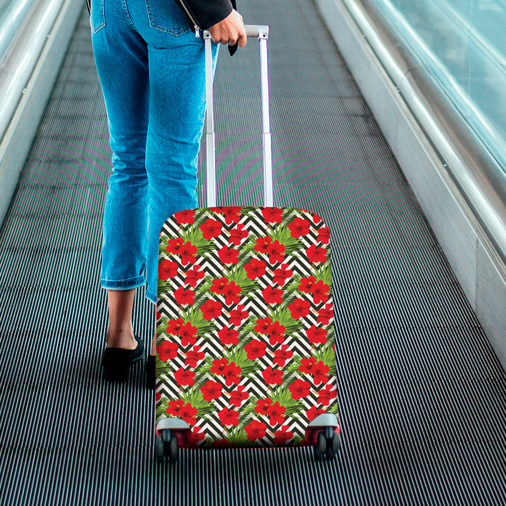 Red Hibiscus Chevron Pattern Print Luggage Cover