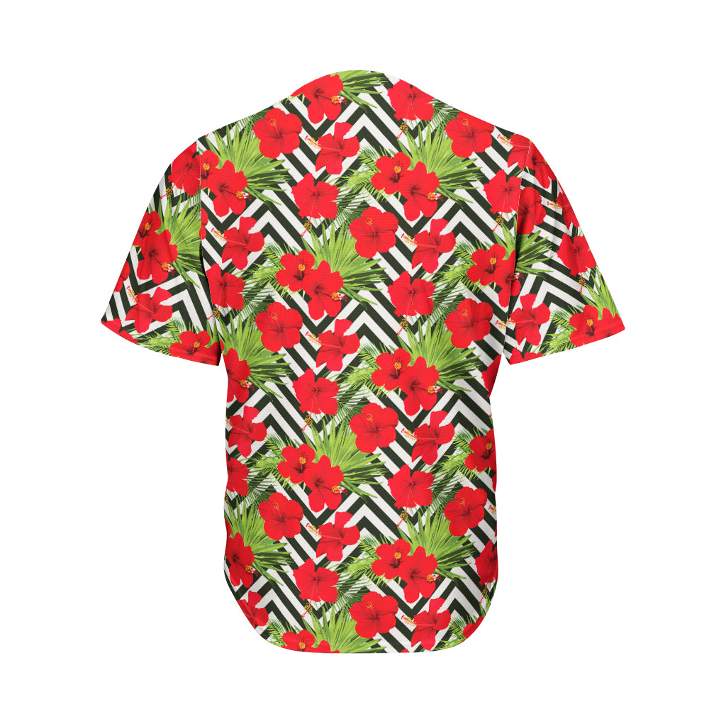 Red Hibiscus Chevron Pattern Print Men's Baseball Jersey
