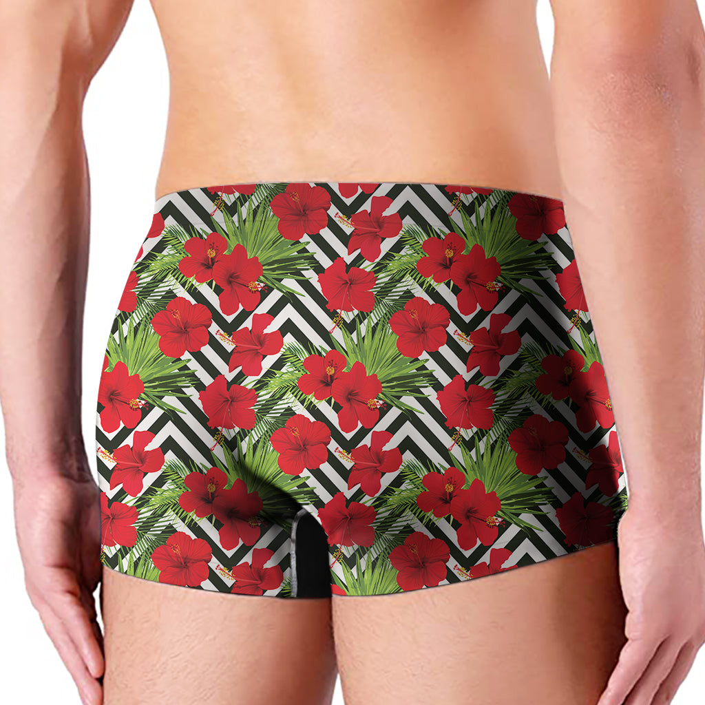 Red Hibiscus Chevron Pattern Print Men's Boxer Briefs