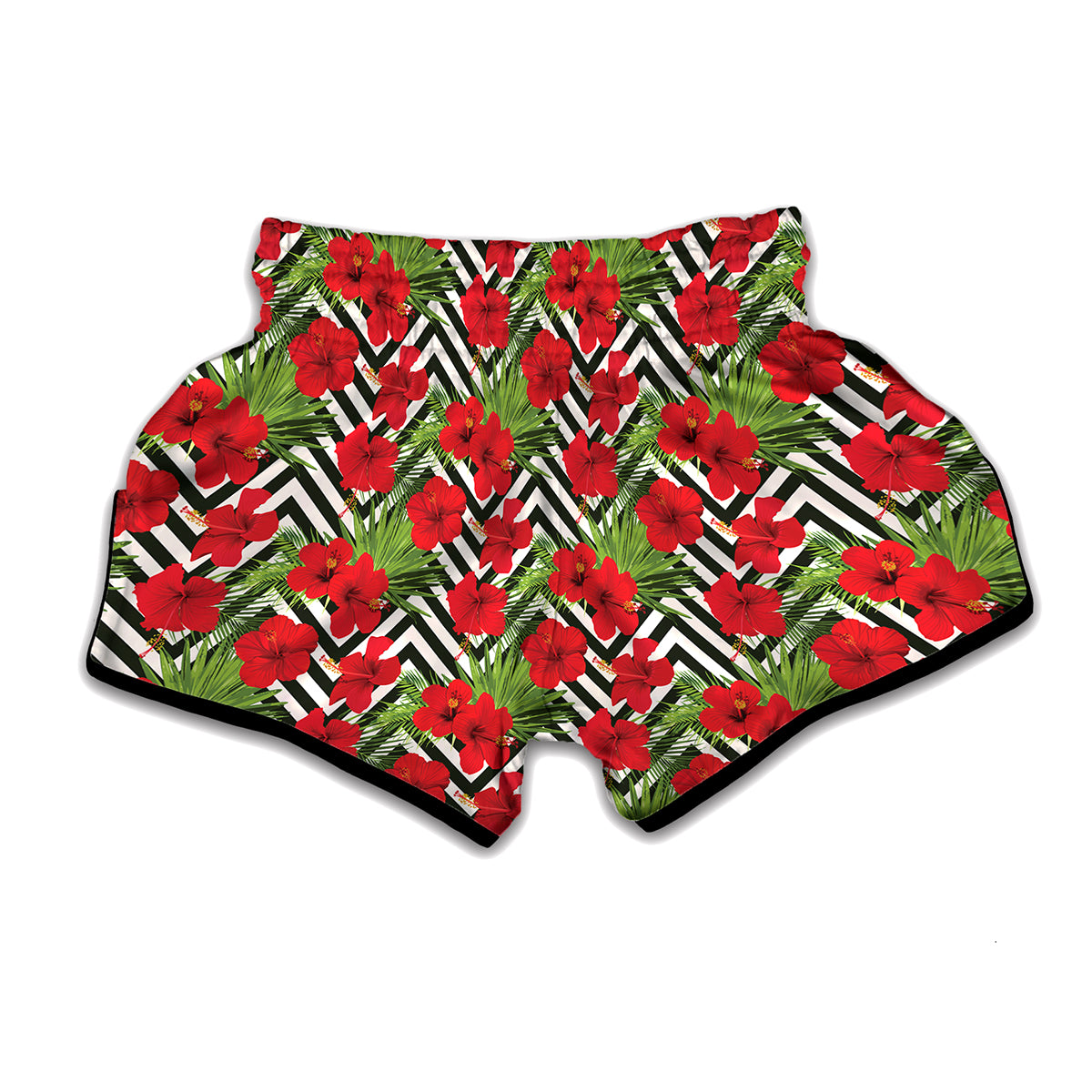 Red Hibiscus Chevron Pattern Print Muay Thai Boxing Shorts