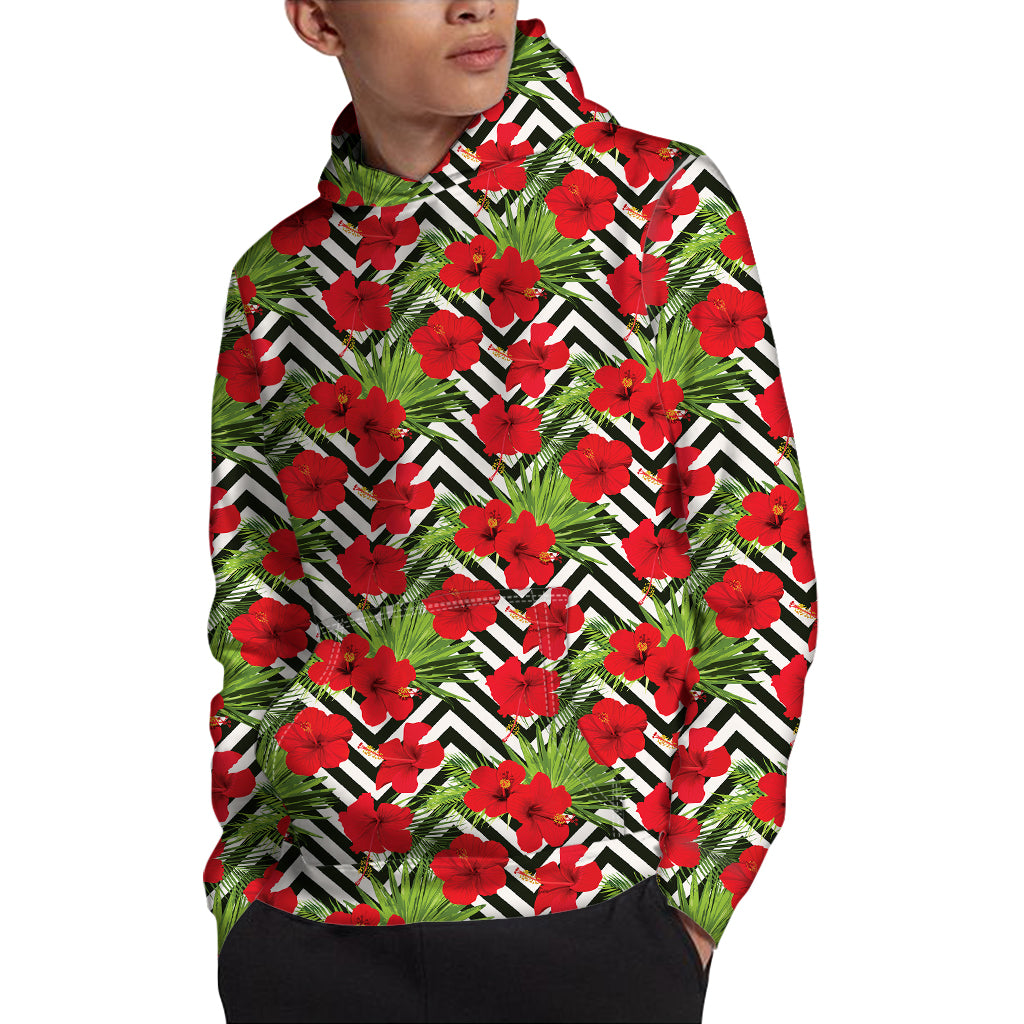 Red Hibiscus Chevron Pattern Print Pullover Hoodie