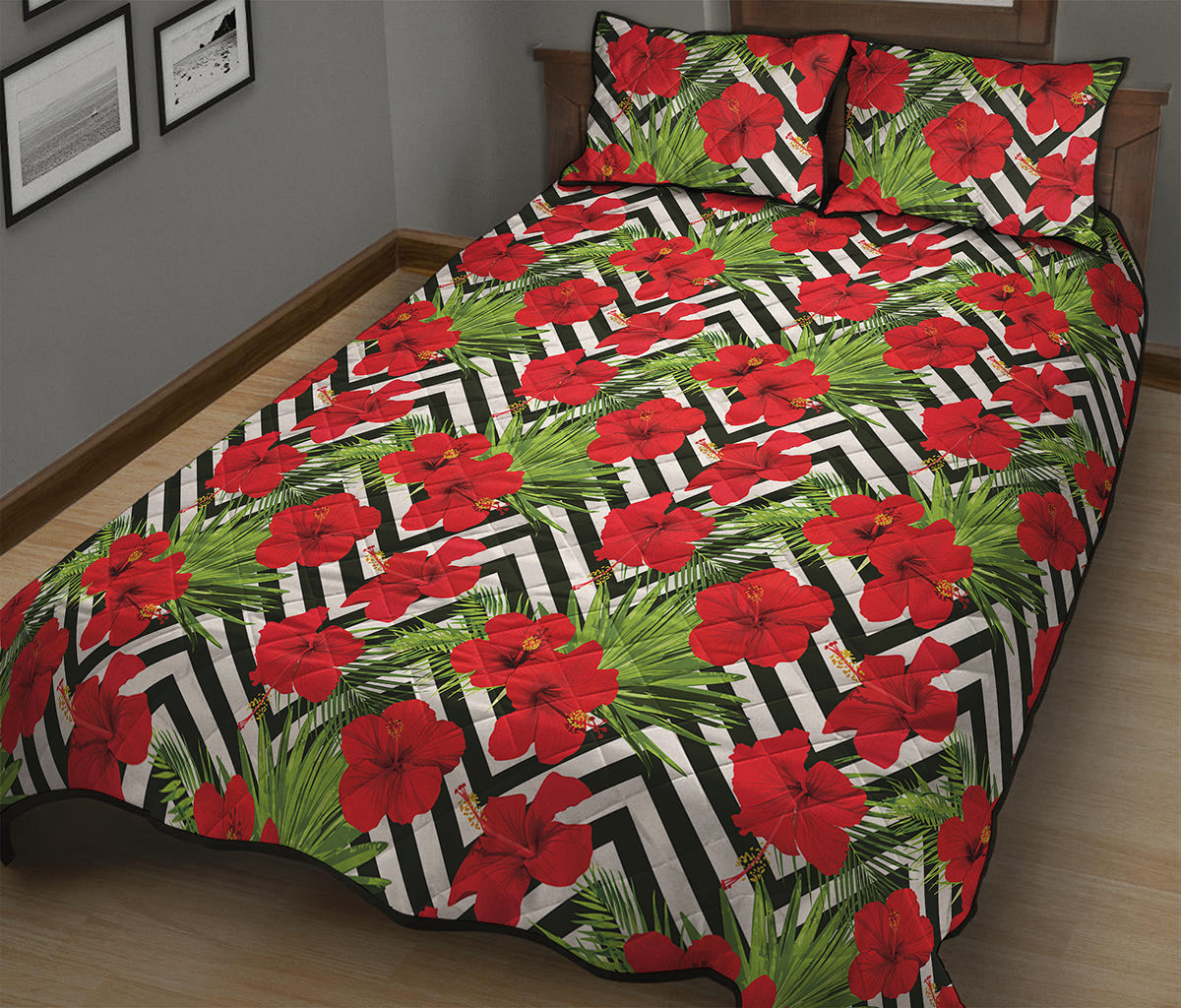 Red Hibiscus Chevron Pattern Print Quilt Bed Set
