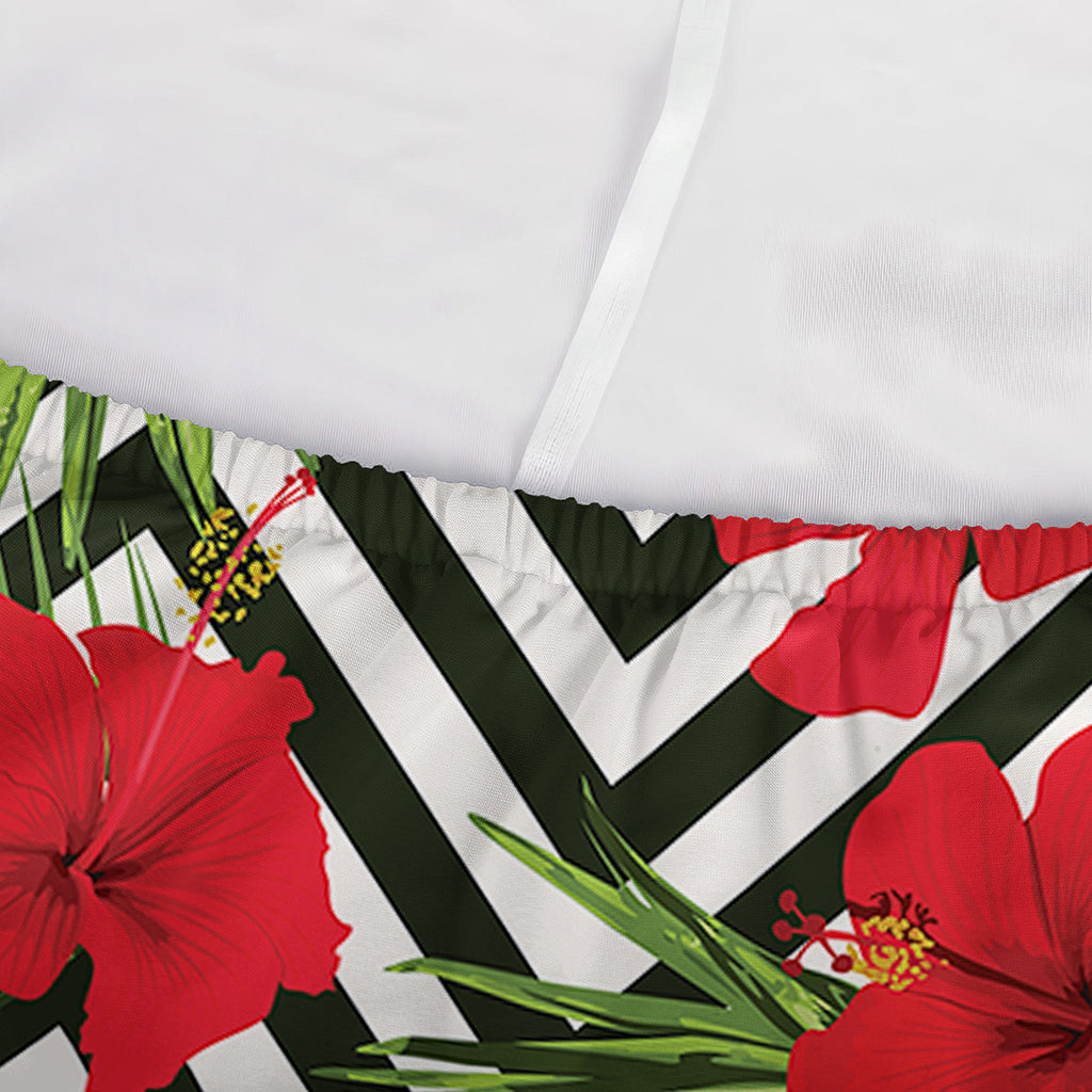 Red Hibiscus Chevron Pattern Print Sofa Cover