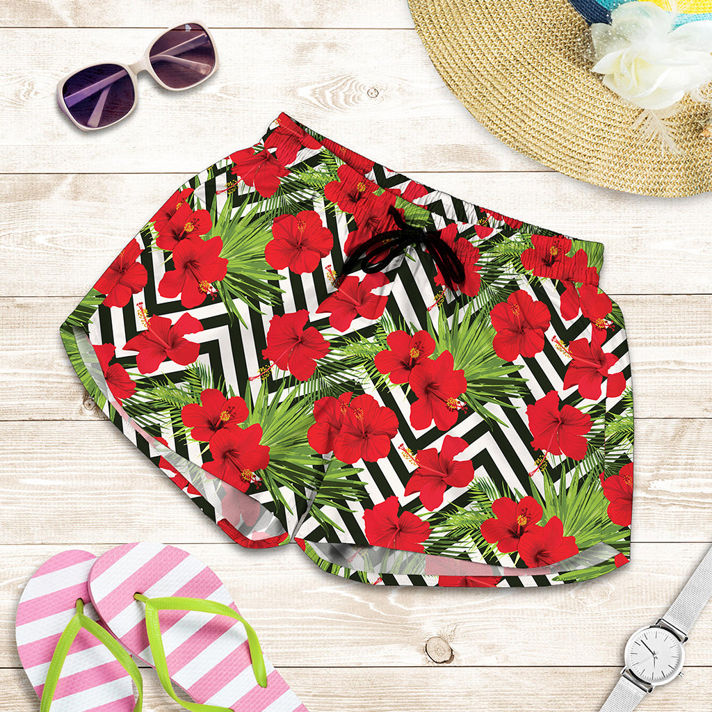 Red Hibiscus Chevron Pattern Print Women's Shorts