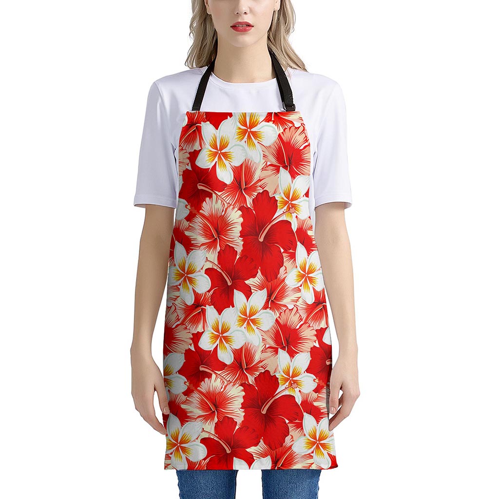 Red Hibiscus Plumeria Pattern Print Apron
