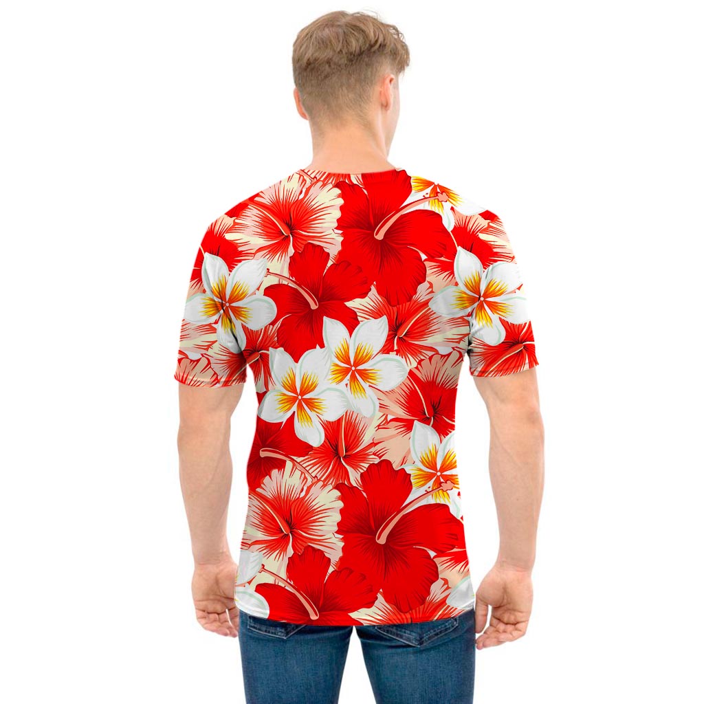 Red Hibiscus Plumeria Pattern Print Men's T-Shirt