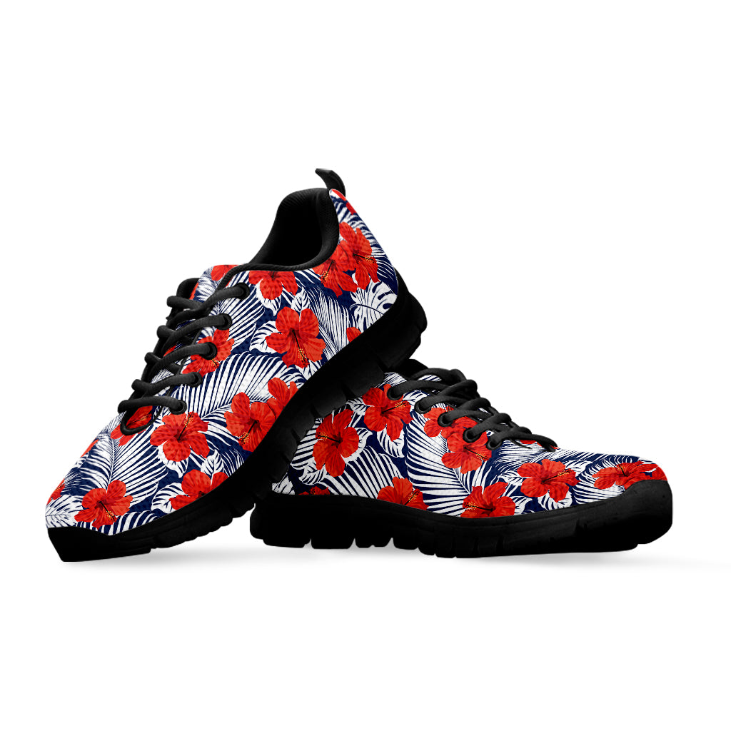 Red Hibiscus Tropical Pattern Print Black Sneakers