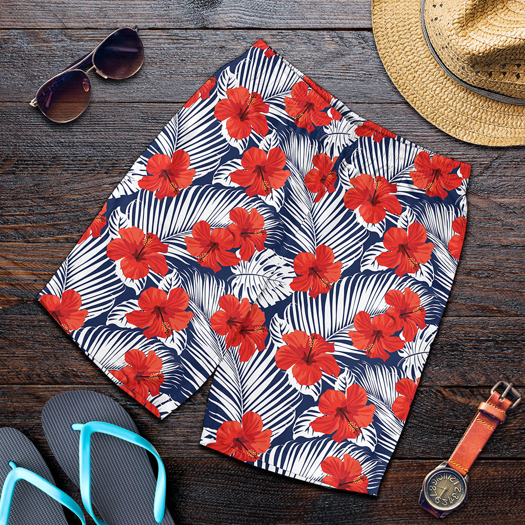 Red Hibiscus Tropical Pattern Print Men's Shorts