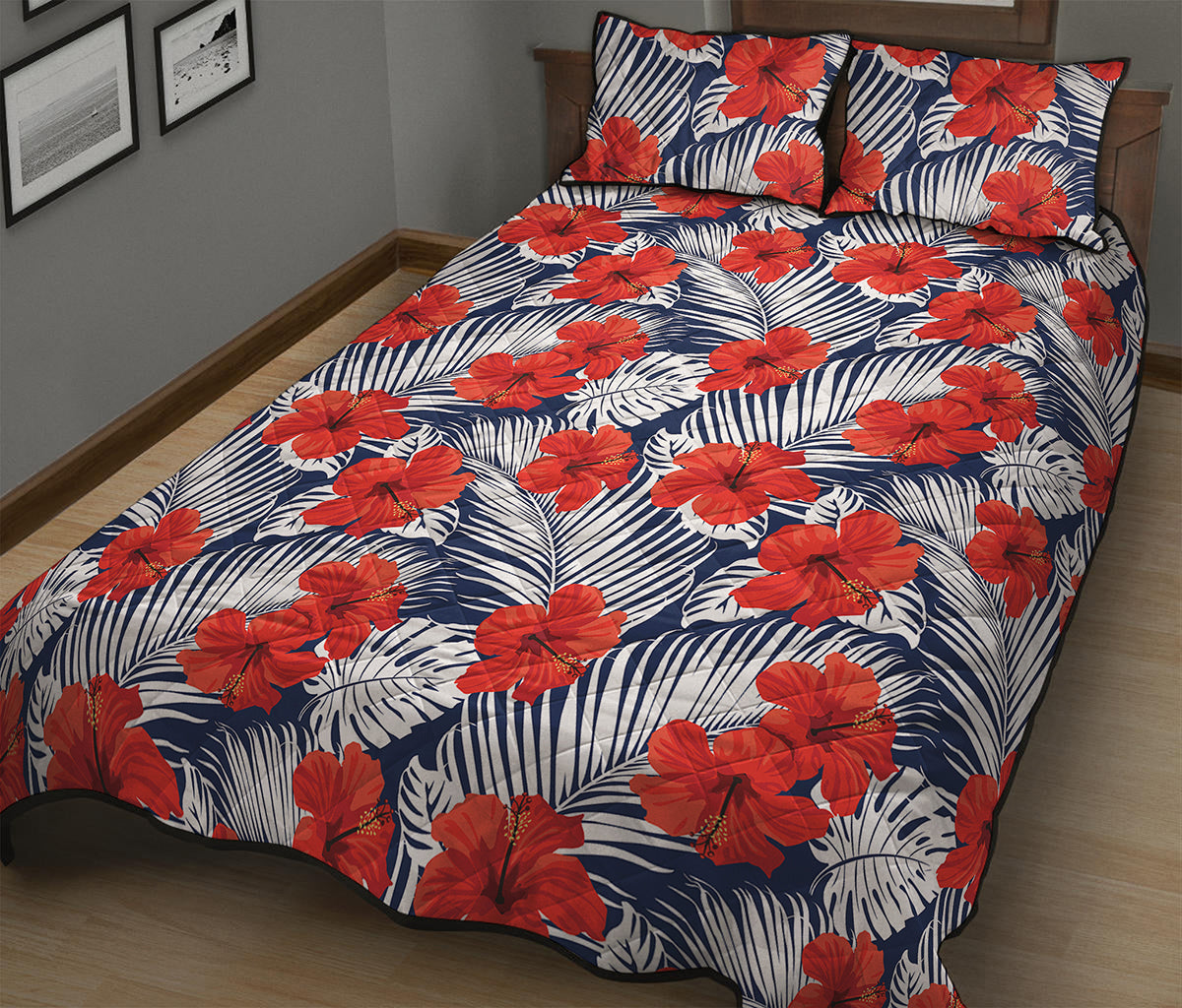 Red Hibiscus Tropical Pattern Print Quilt Bed Set