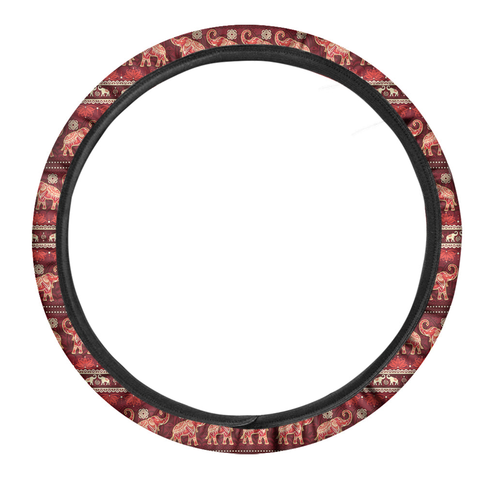 Red Indian Elephant Pattern Print Car Steering Wheel Cover