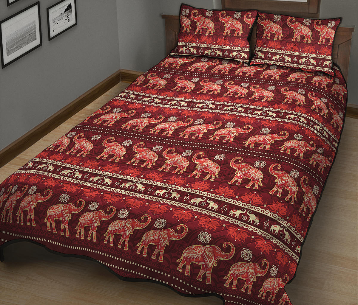 Red Indian Elephant Pattern Print Quilt Bed Set