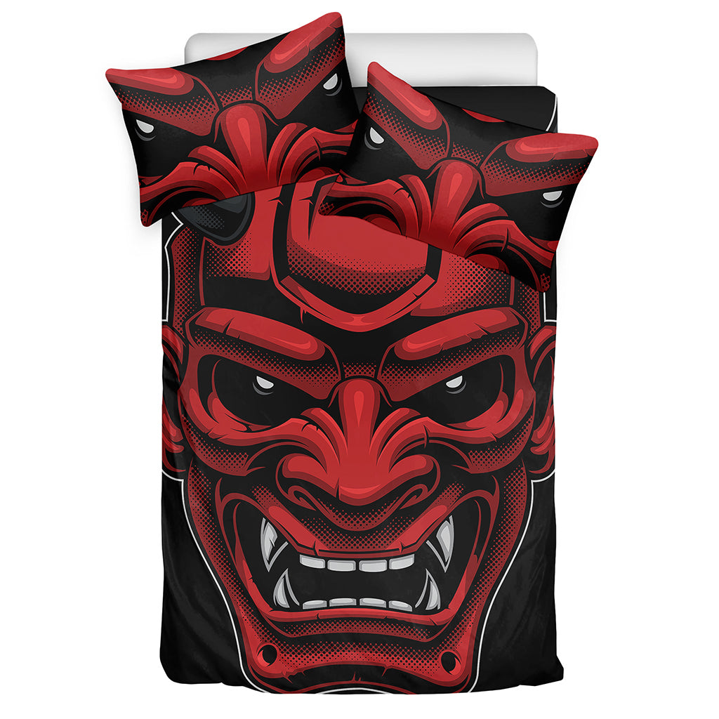 Red Japanese Demon Mask Print Duvet Cover Bedding Set