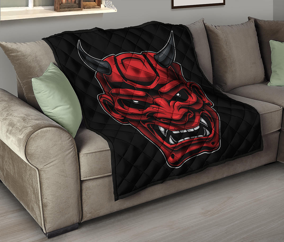 Red Japanese Demon Mask Print Quilt