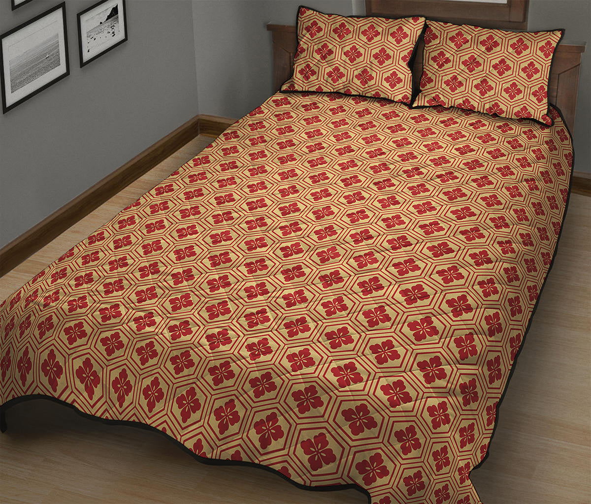Red Japanese Flower Pattern Print Quilt Bed Set