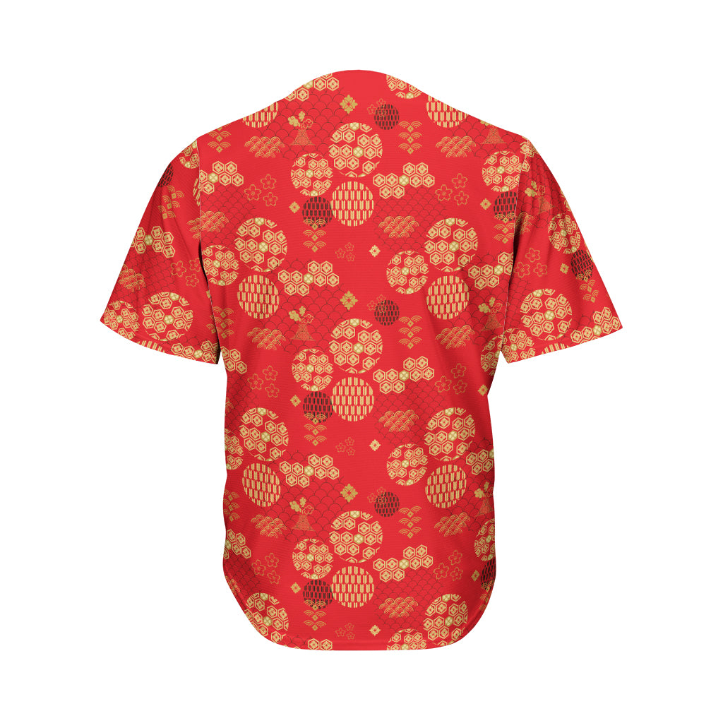 Red Japanese Pattern Print Men's Baseball Jersey