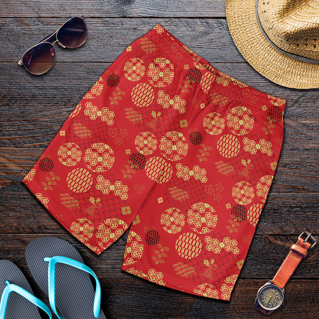 Red Japanese Pattern Print Men's Shorts