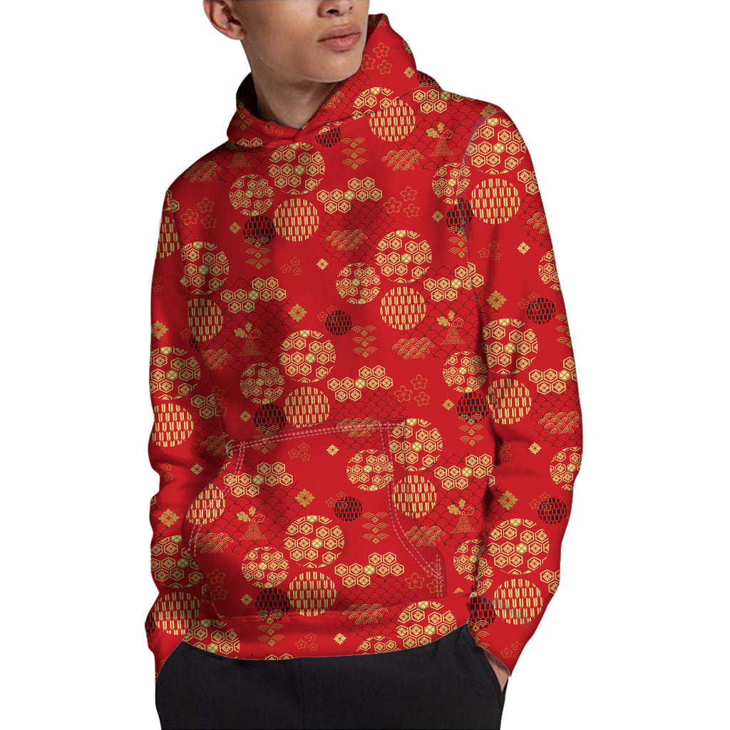 Red Japanese Pattern Print Pullover Hoodie