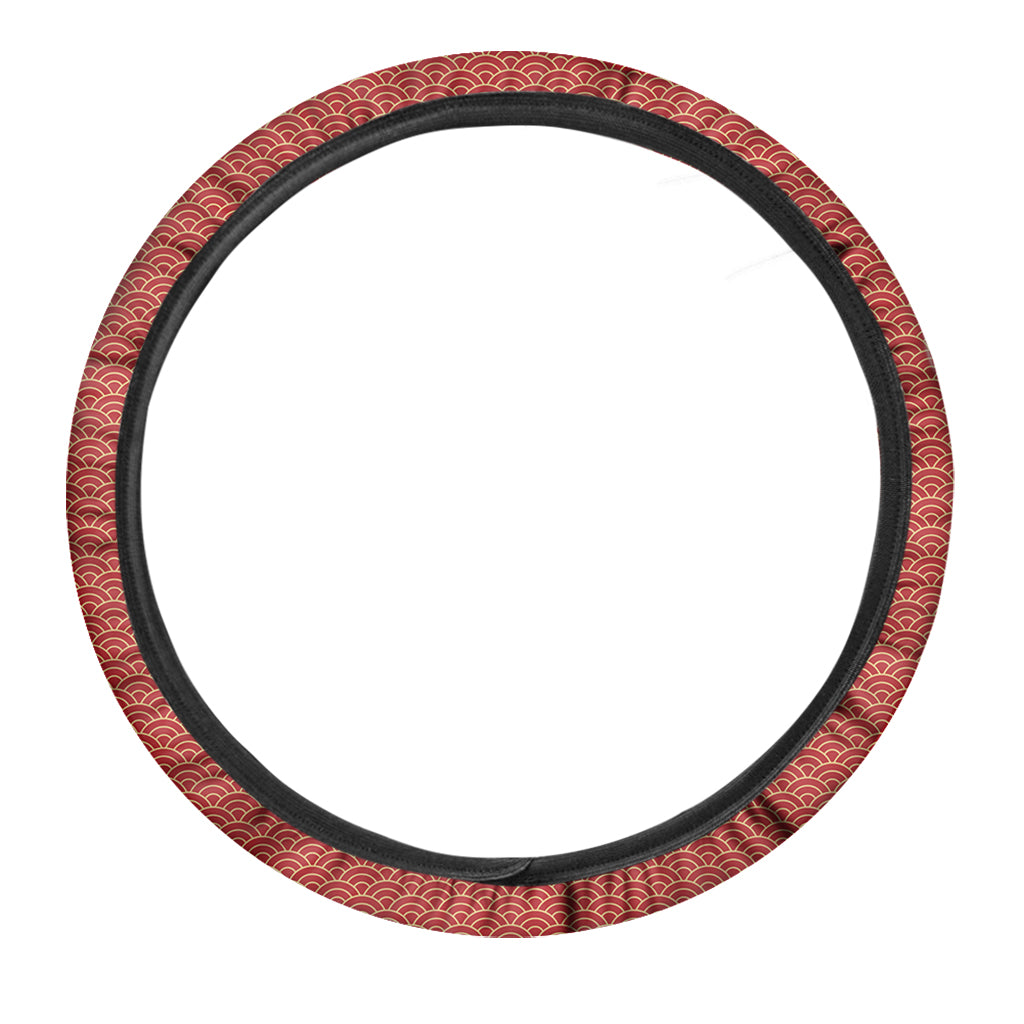 Red Japanese Wave Pattern Print Car Steering Wheel Cover