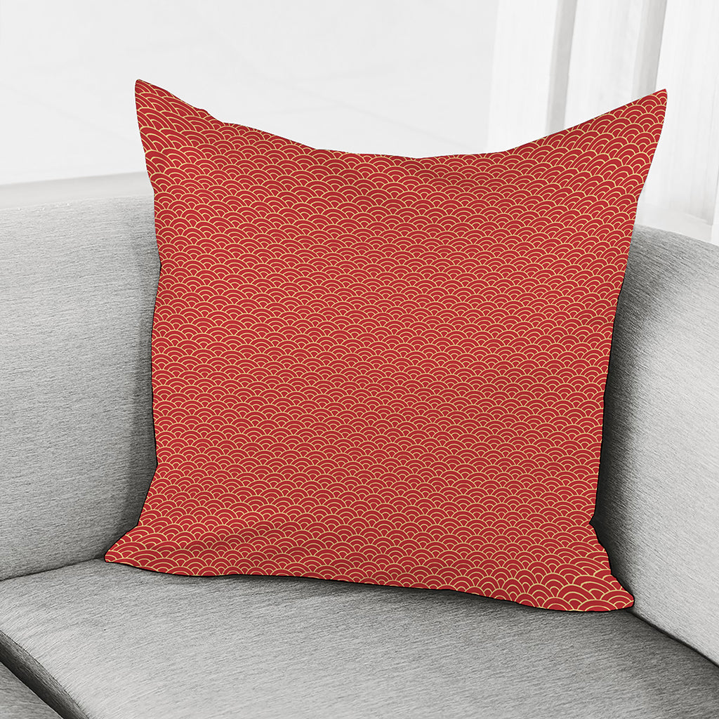 Red Japanese Wave Pattern Print Pillow Cover