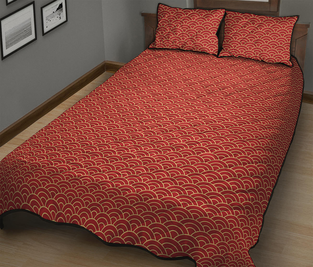 Red Japanese Wave Pattern Print Quilt Bed Set