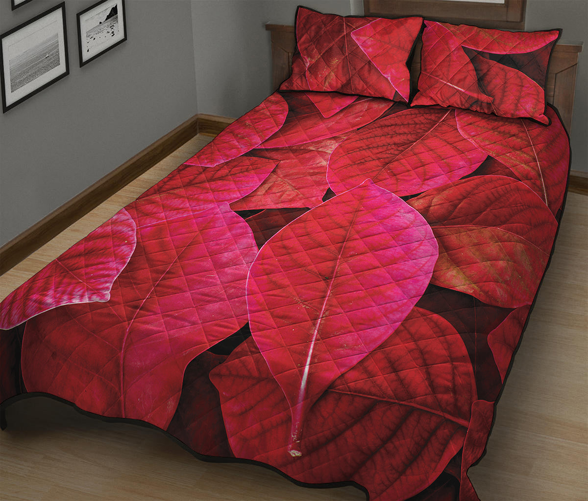 Red Leaf Print Quilt Bed Set