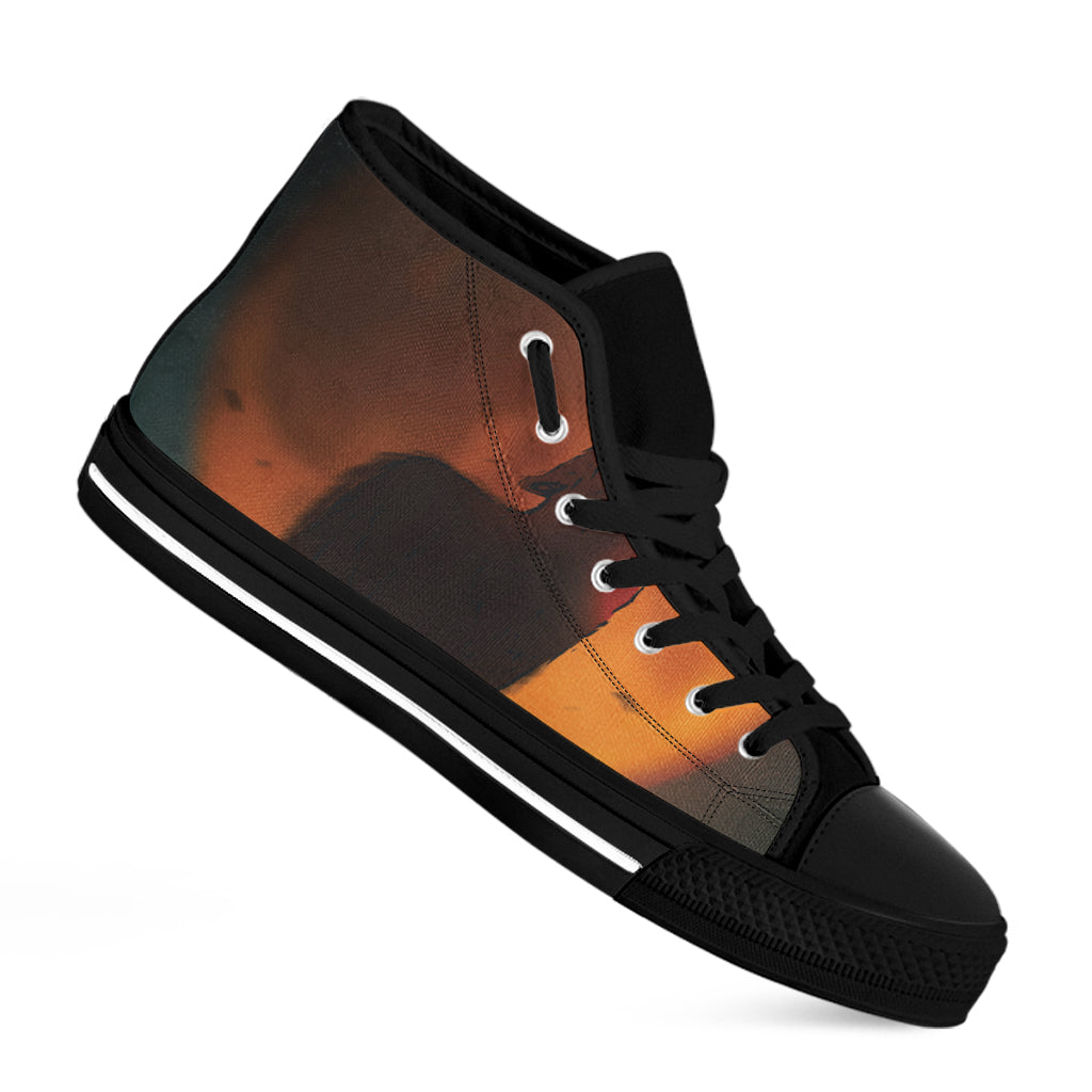 Red Moon Howling Wolf Print Black High Top Shoes