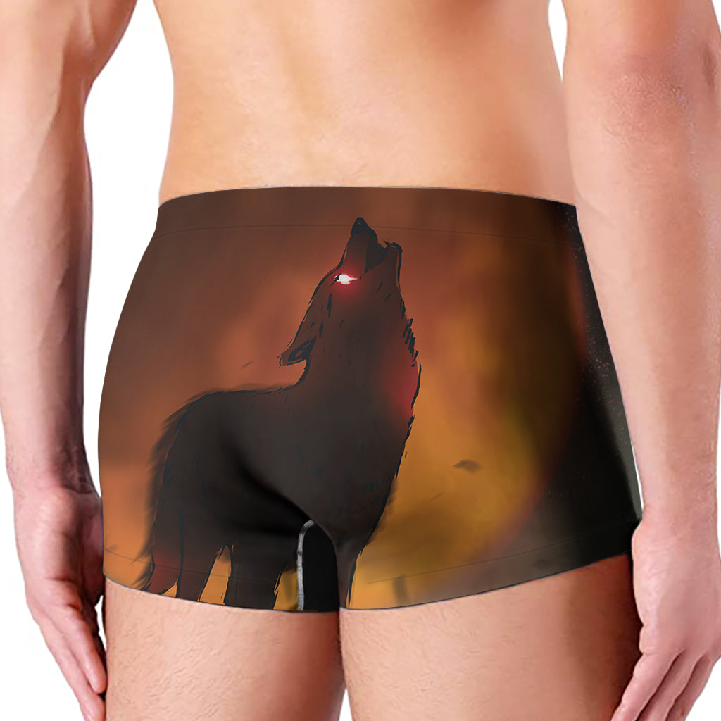 Red Moon Howling Wolf Print Men's Boxer Briefs