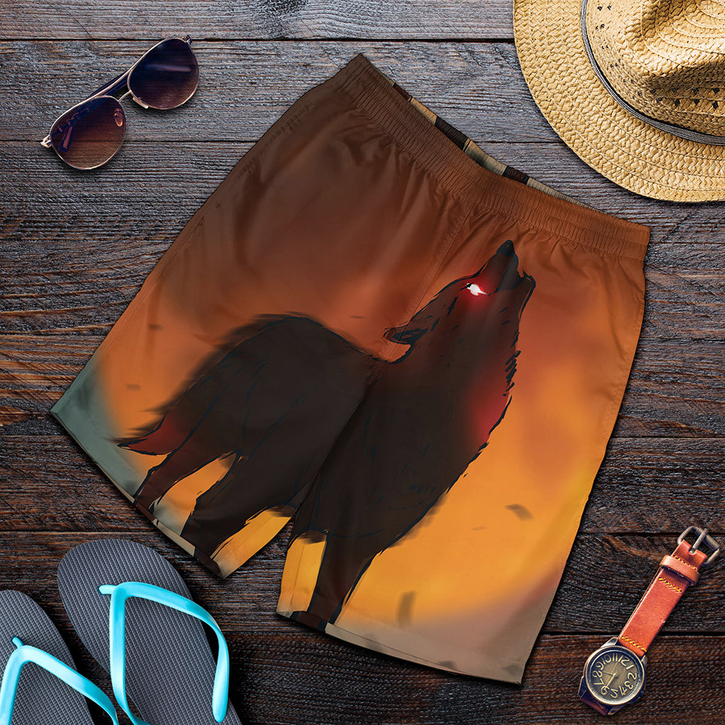 Red Moon Howling Wolf Print Men's Shorts