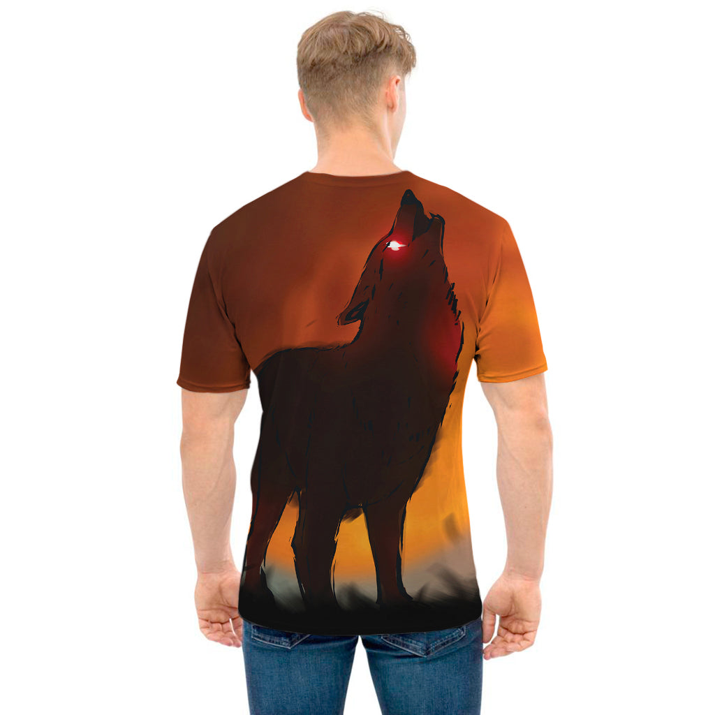 Red Moon Howling Wolf Print Men's T-Shirt