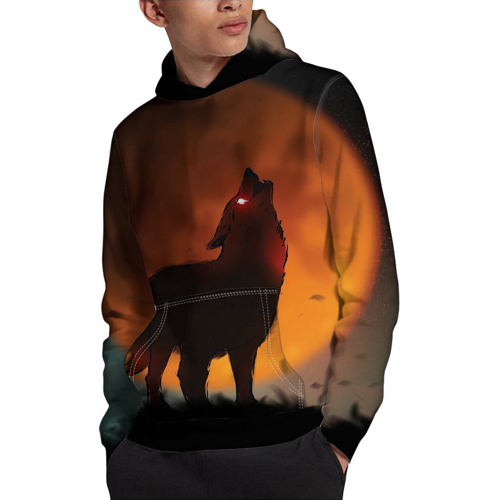 Red Moon Howling Wolf Print Pullover Hoodie