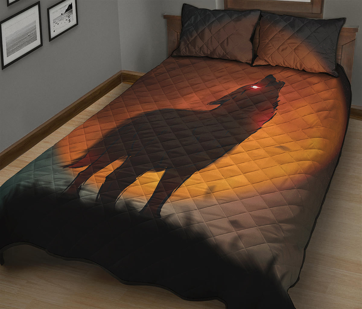 Red Moon Howling Wolf Print Quilt Bed Set