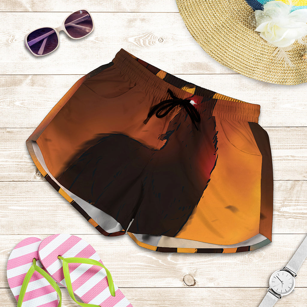 Red Moon Howling Wolf Print Women's Shorts