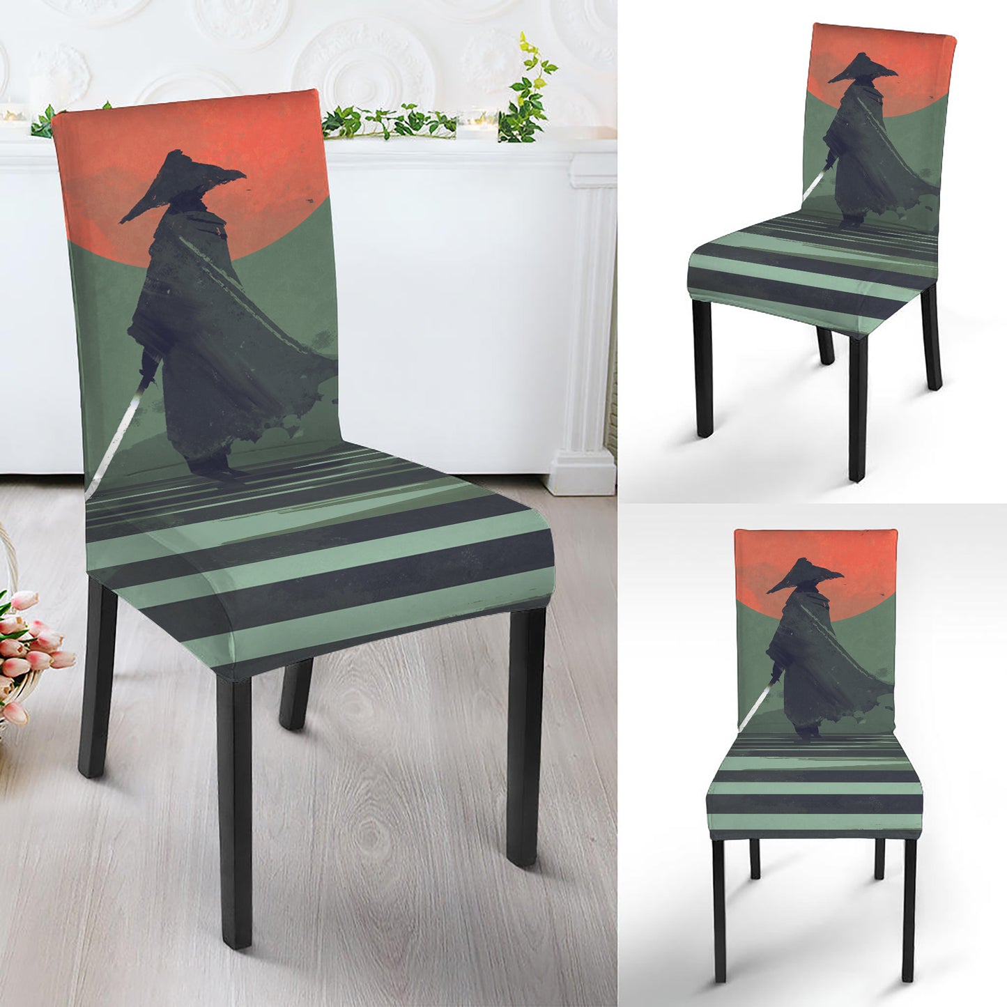 Red Moon Samurai Print Dining Chair Slipcover