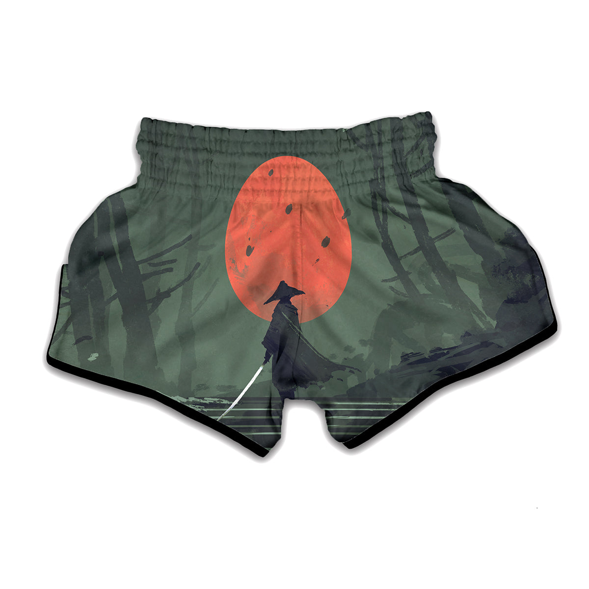 Red Moon Samurai Print Muay Thai Boxing Shorts
