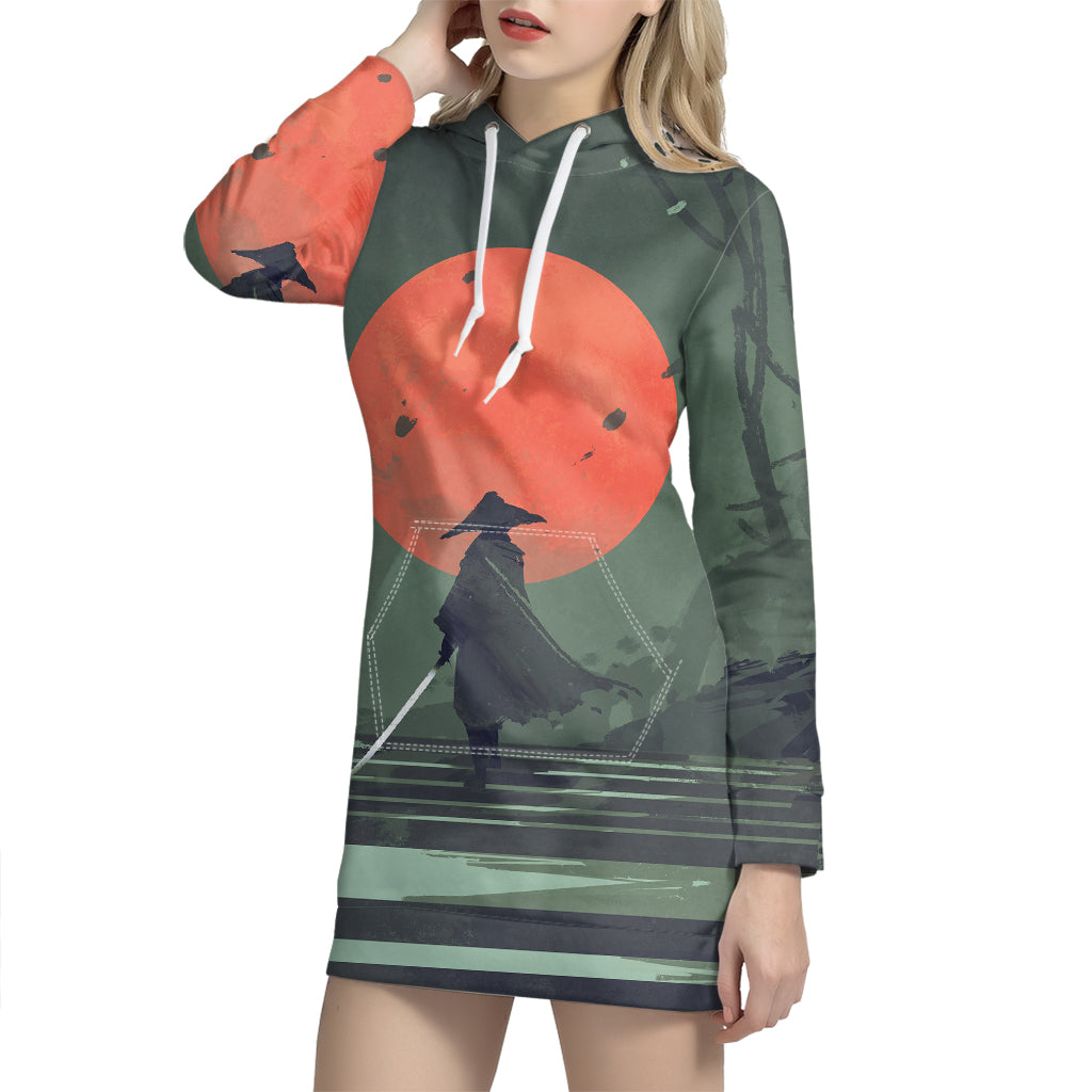 Red Moon Samurai Print Pullover Hoodie Dress