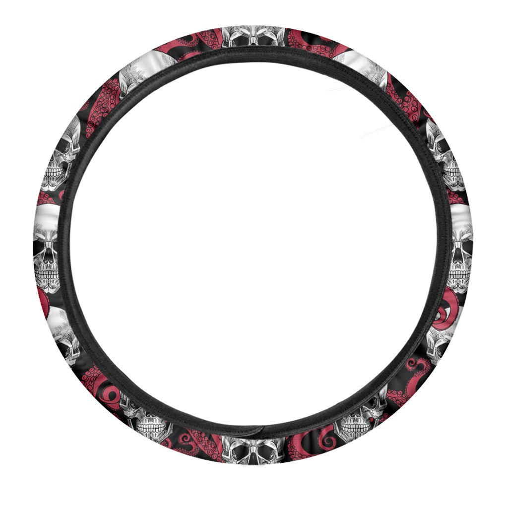 Red Octopus Skull Pattern Print Car Steering Wheel Cover