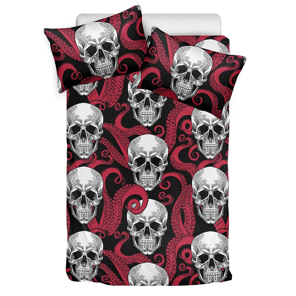 Red Octopus Skull Pattern Print Duvet Cover Bedding Set